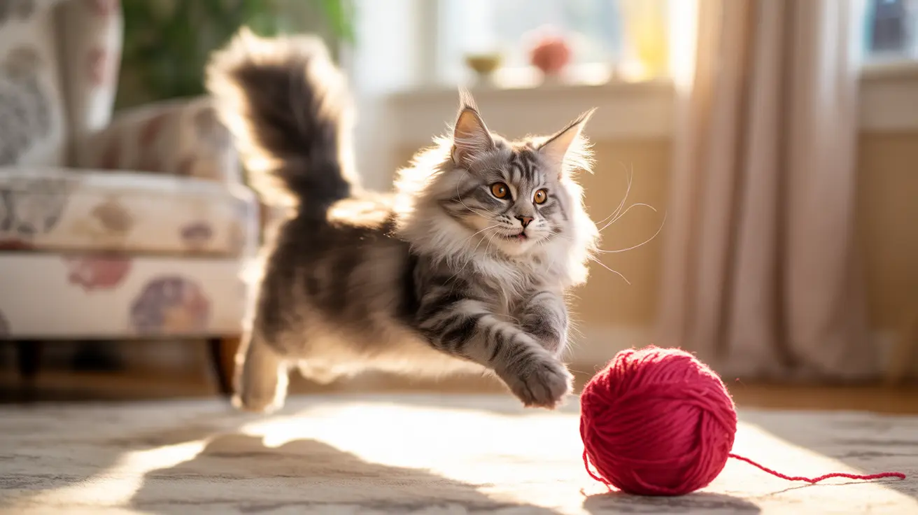 Fluffy Maine Coon cat playing with a bright red ball of yarn in a sunlit living room