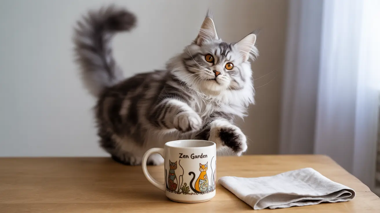A fluffy silver and white Maine Coon cat sitting on a wooden table near a Zen Garden cat-themed mug