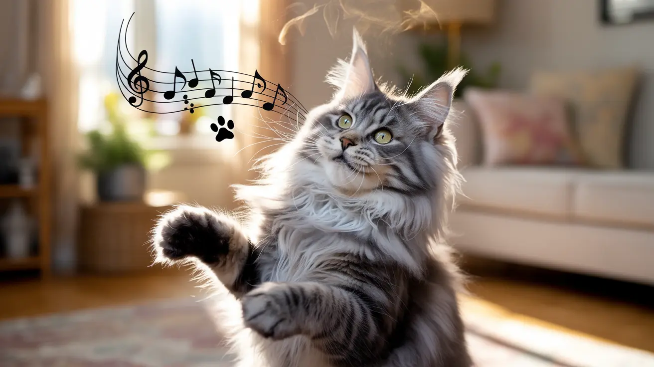 Fluffy Maine Coon cat playfully dancing surrounded by musical notes and paw print graphic