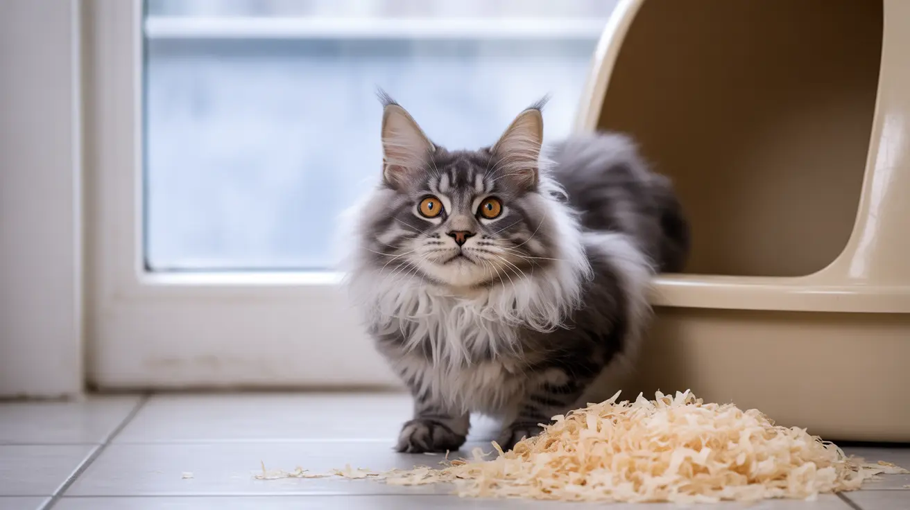 Fluffy Maine Coon kitten sitting on tiled floor near scattered wood shavings and cat furniture