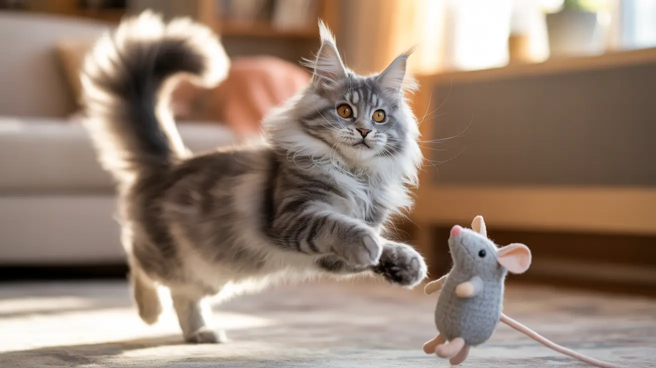 Fluffy Maine Coon kitten chasing a gray toy mouse on hardwood floor in modern living room
