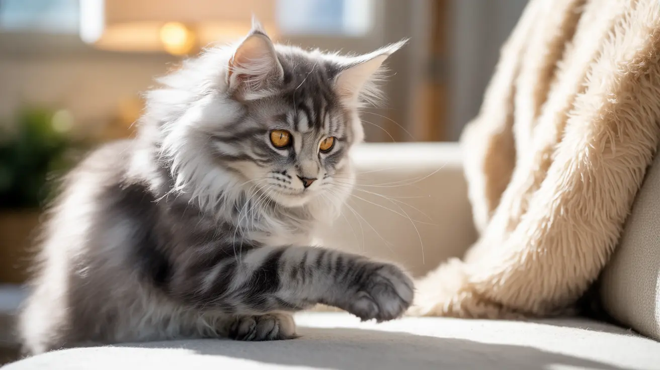 Fluffy Maine Coon kitten with silver and black tabby markings sitting on a cream-colored couch