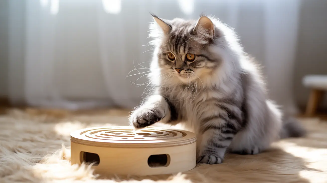 Fluffy Maine Coon kitten playing with a wooden puzzle toy on a soft rug