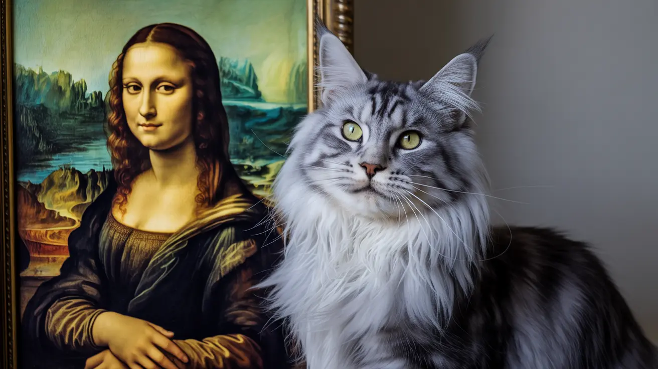 Un gato Maine Coon esponjoso posado junto a la famosa pintura de la Mona Lisa