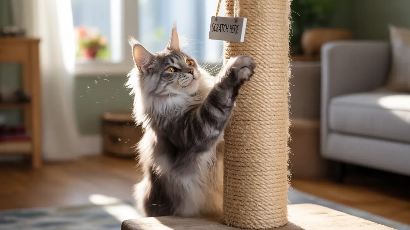 ふわふわのメインクーンの猫が、「ここを引っ掻いてください」というサインのついたサイザル麻で覆われた爪とぎポストで伸びをしながら引っ掻いている様子