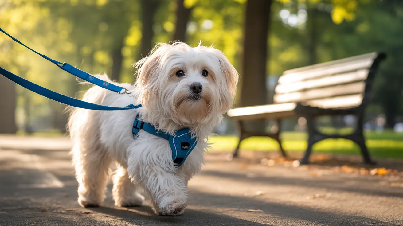 青いハーネスとリードを着けたふわふわの白いマルチーズ犬が公園の小道を歩いている様子