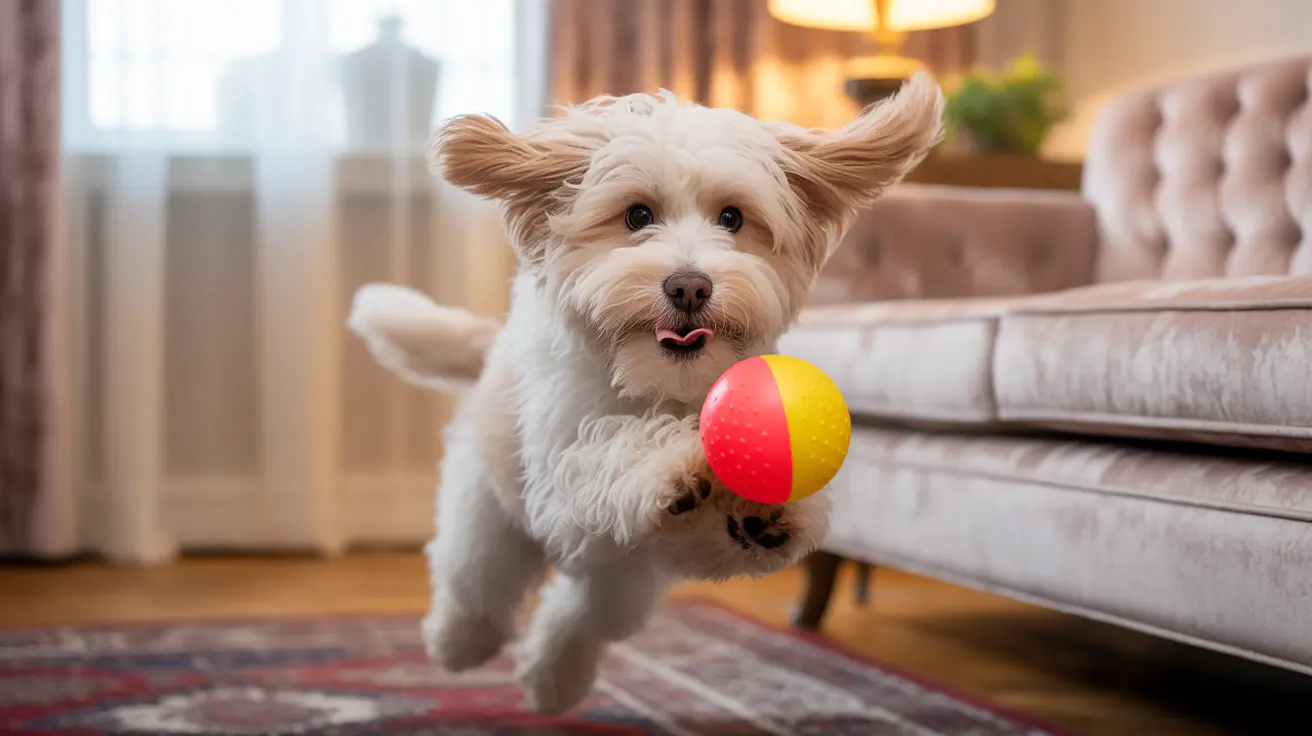 Fluffy white Maltese dog jumping indoors carrying a red and yellow ball in its mouth