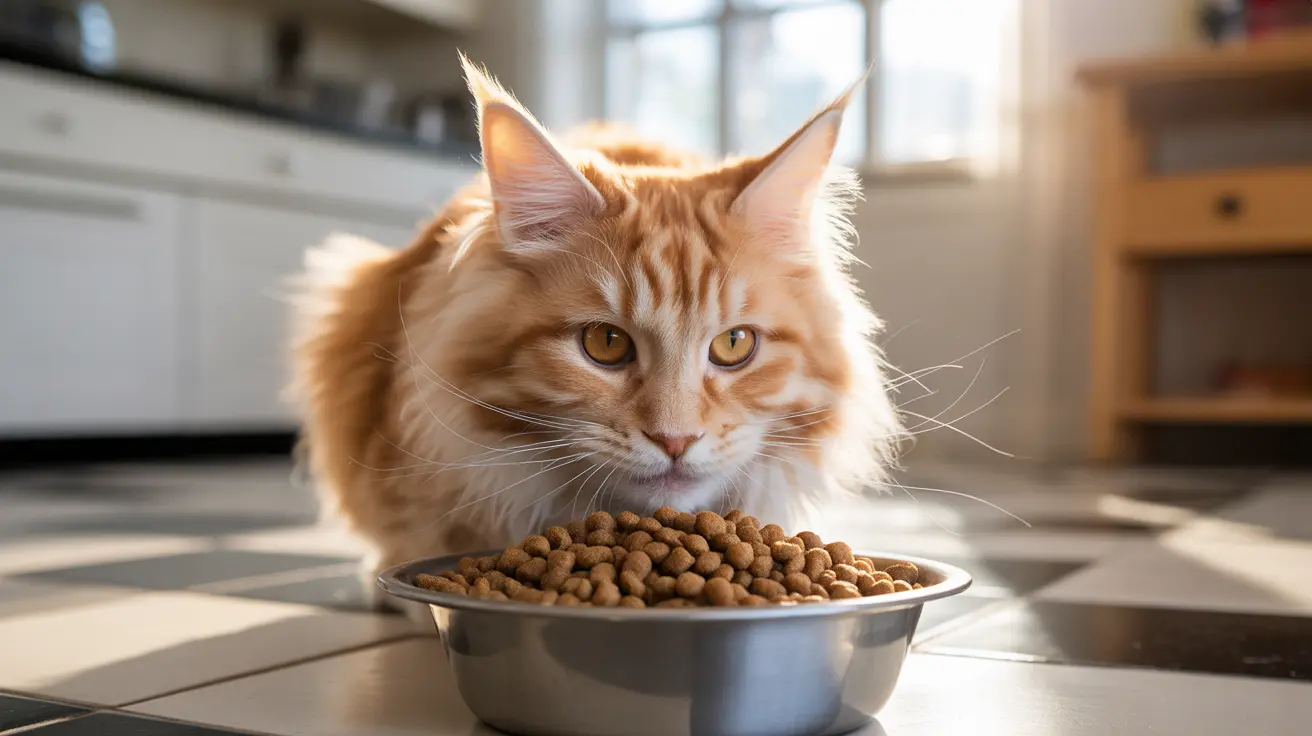 Fluffy orange Maine Coon cat sitting beside a full bowl of dry cat food in a bright kitchen
