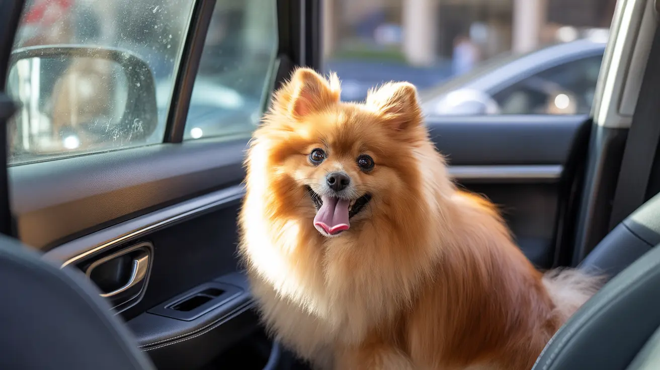 A fluffy orange Pomeranian sitting happily inside a car with its tongue out