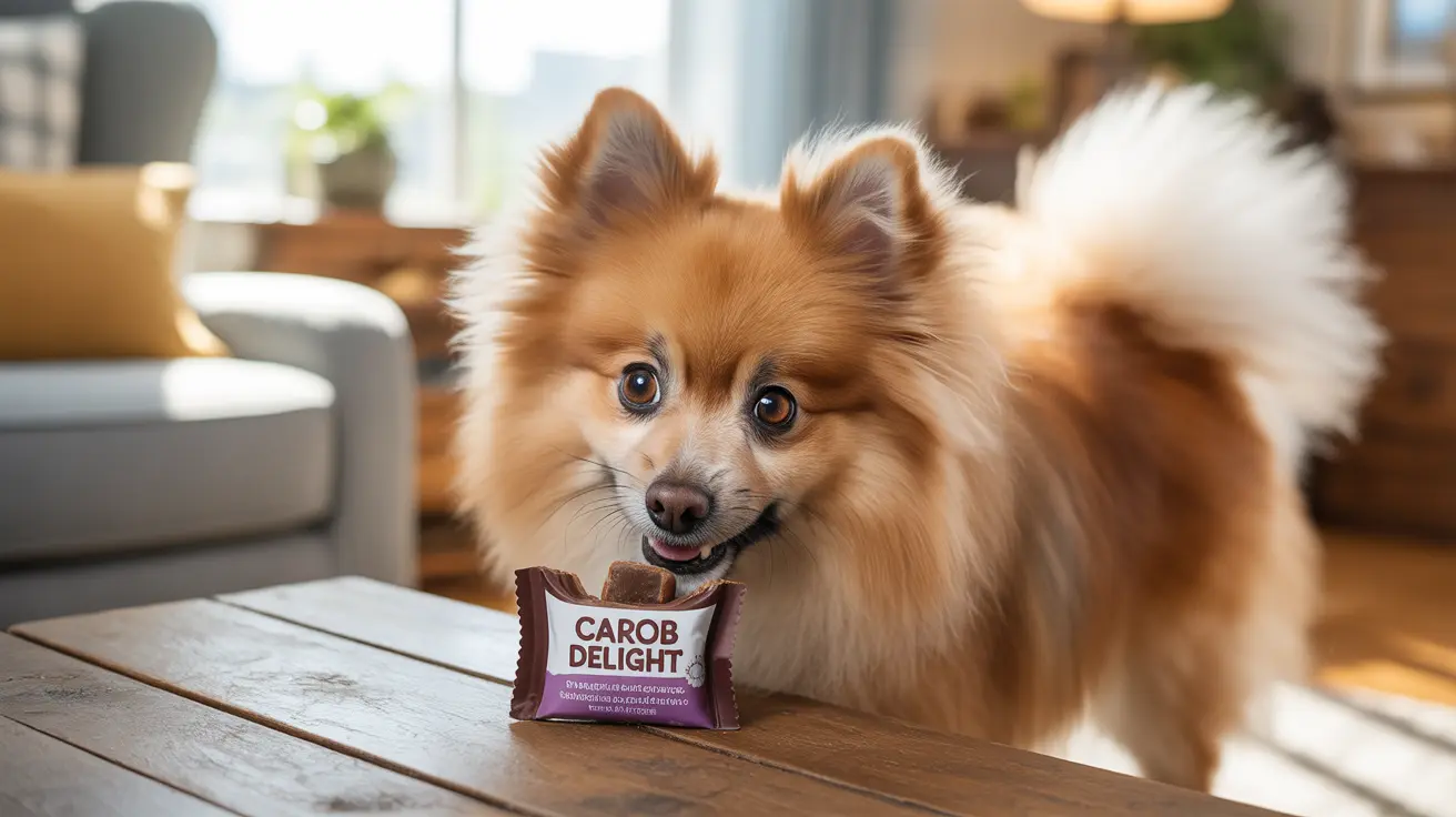 A fluffy orange Pomeranian enjoying a Carob Delight treat on a wooden table in a bright living room