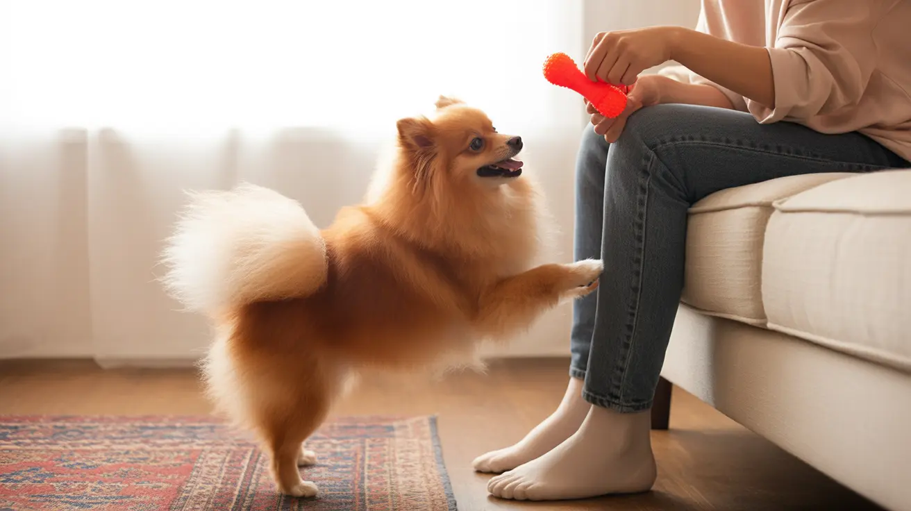 Un perro Pomerania naranja y esponjoso mira ansiosamente un juguete rojo que sostiene una persona sentada en un sofá