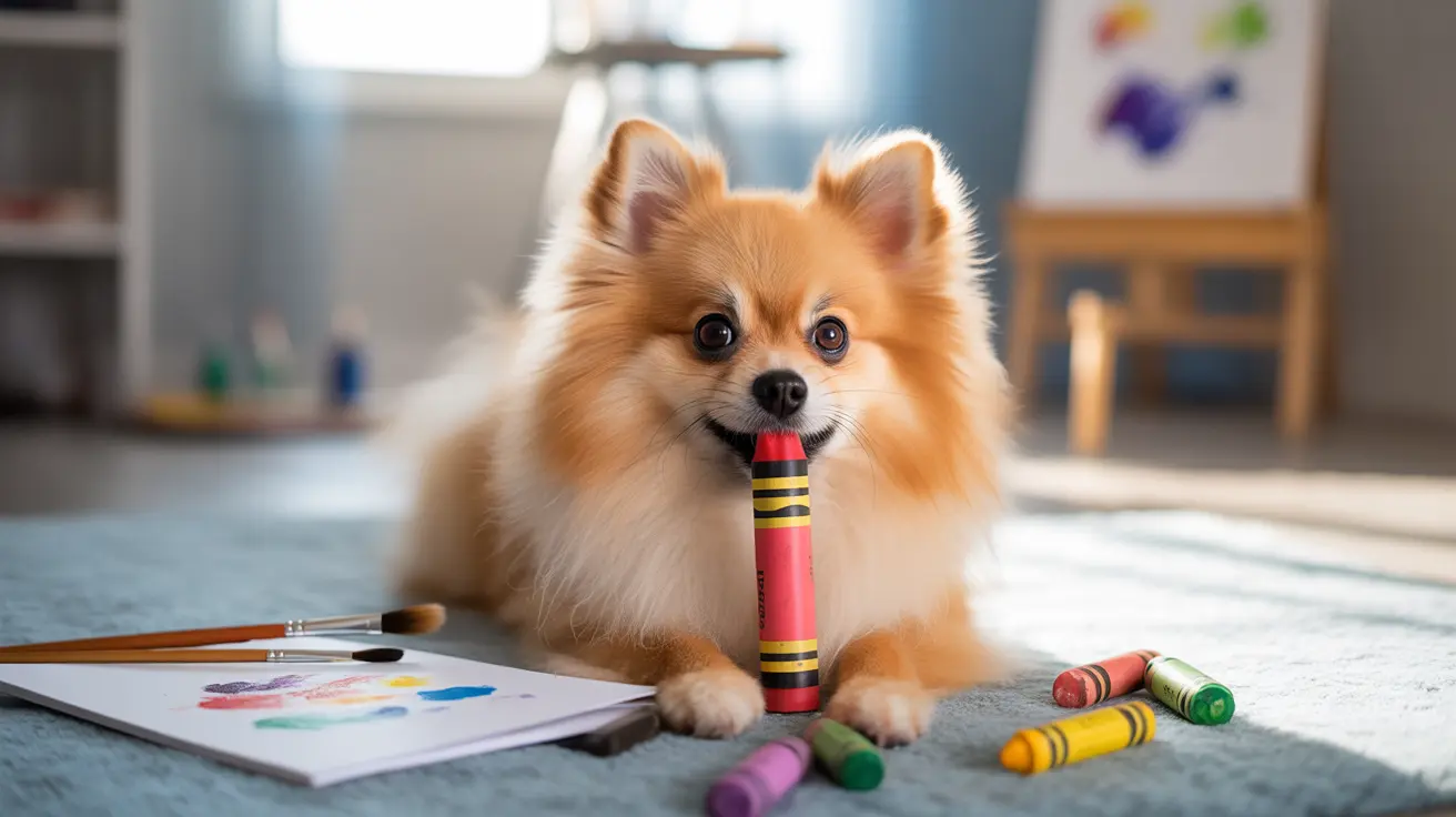 Un Pomerano esponjoso y naranja sentado de forma juguetona con un crayón rojo en la boca, rodeado de suministros de arte.
