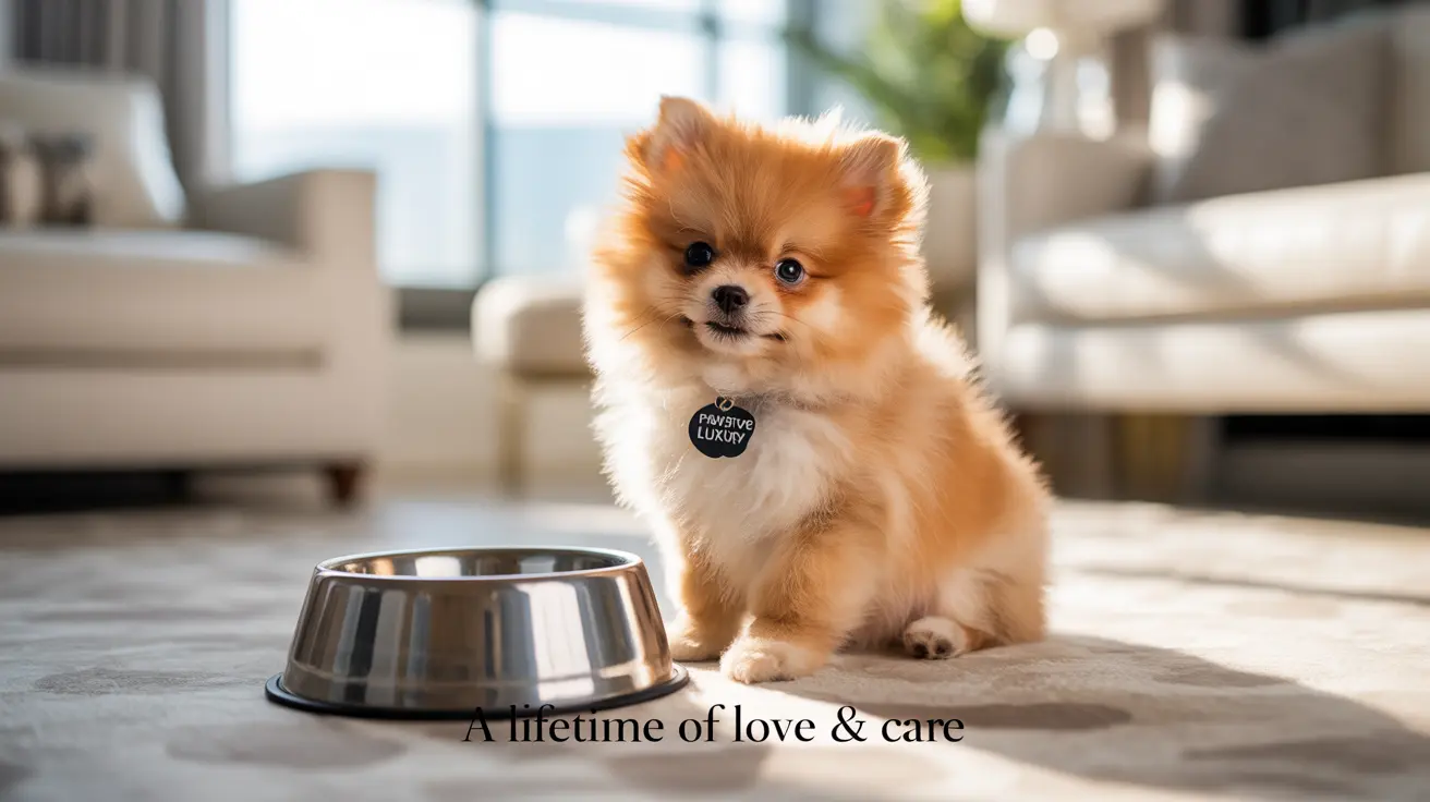 Fluffy orange and white Pomeranian puppy with food bowl in a modern living room