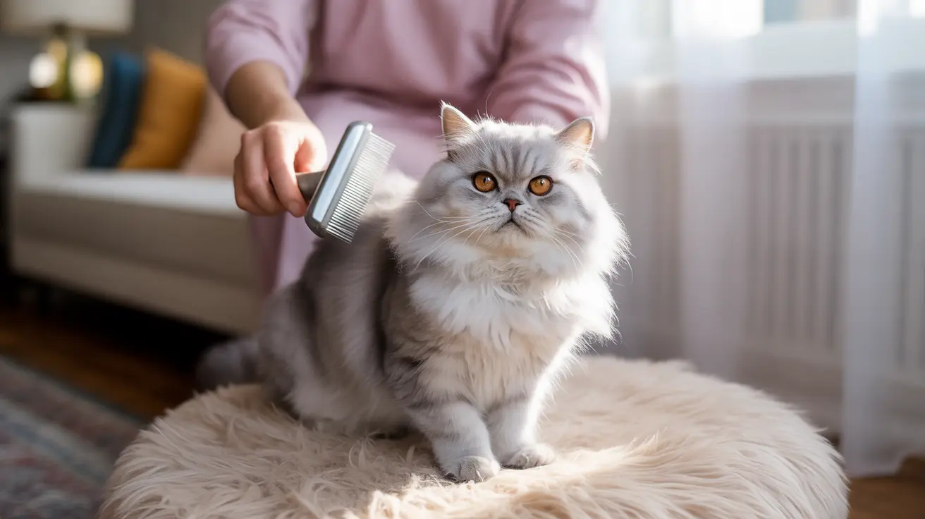 Un gato persa esponjoso siendo cepillado con un cepillo grande en un ambiente hogareño acogedor.