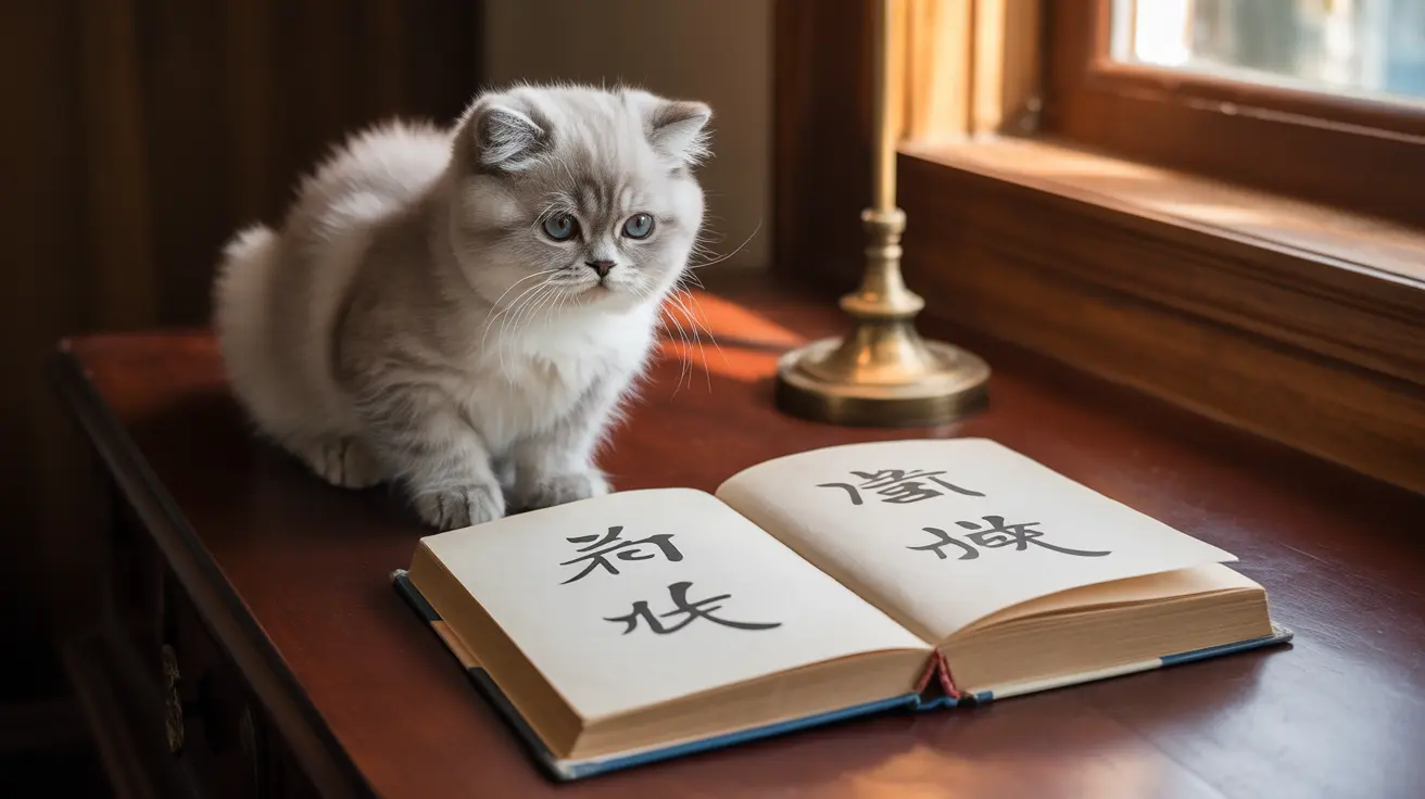 窓辺の真鍋の燭台のそばで、中国語の文字が書かれた開いた本の隣に座るふわふわの白いペルシャ子猫