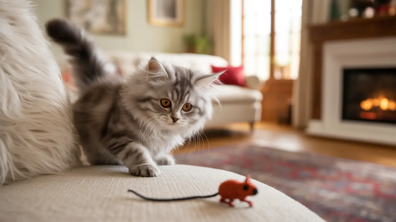 A fluffy silver and white Persian kitten sitting on a cozy couch near a small red toy mouse.