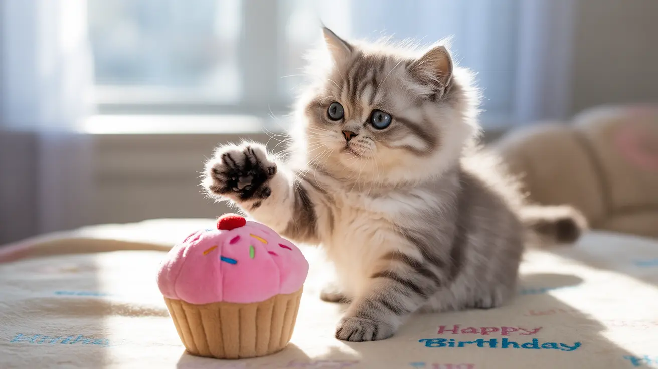 A fluffy Persian kitten sitting next to a pink cupcake toy on a birthday-themed surface