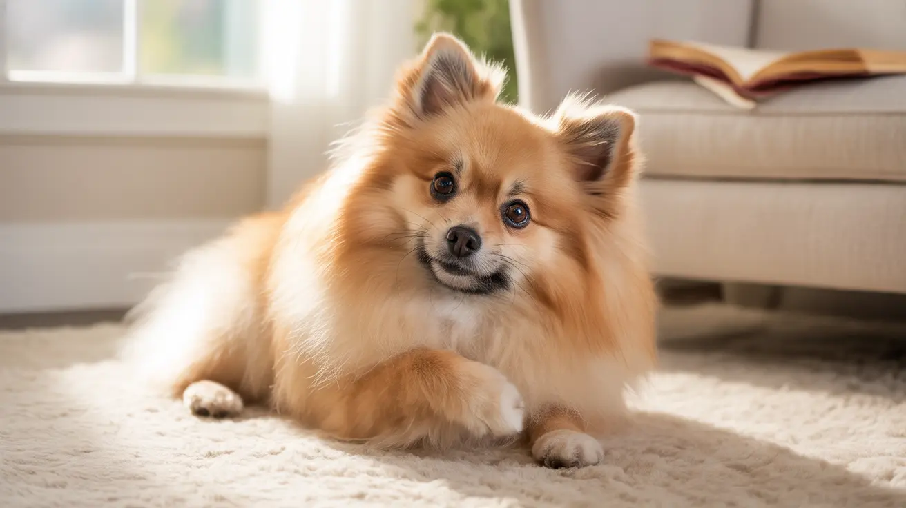 A fluffy Pomeranian dog sitting contentedly on a beige carpet near a window and a couch