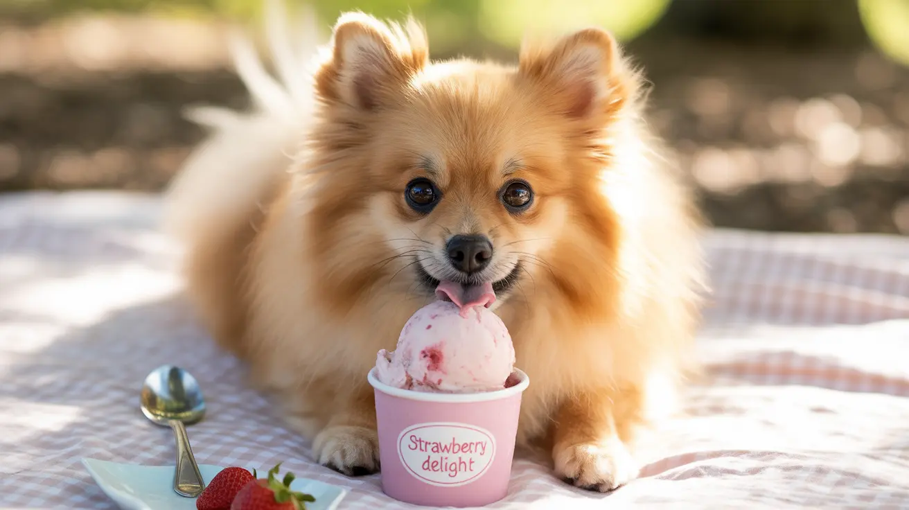 A fluffy Pomeranian dog enjoying a scoop of strawberry ice cream on a sunny day