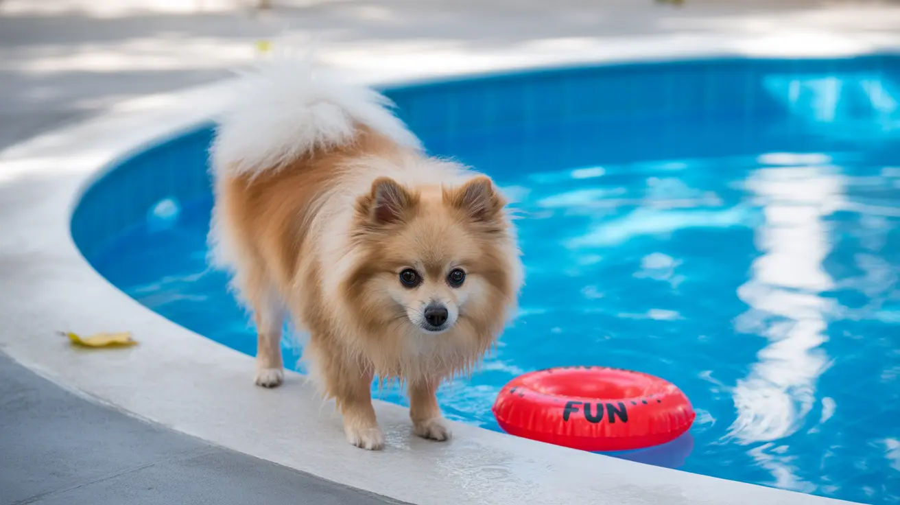 A fluffy Pomeranian standing near a swimming pool with a red inflatable float
