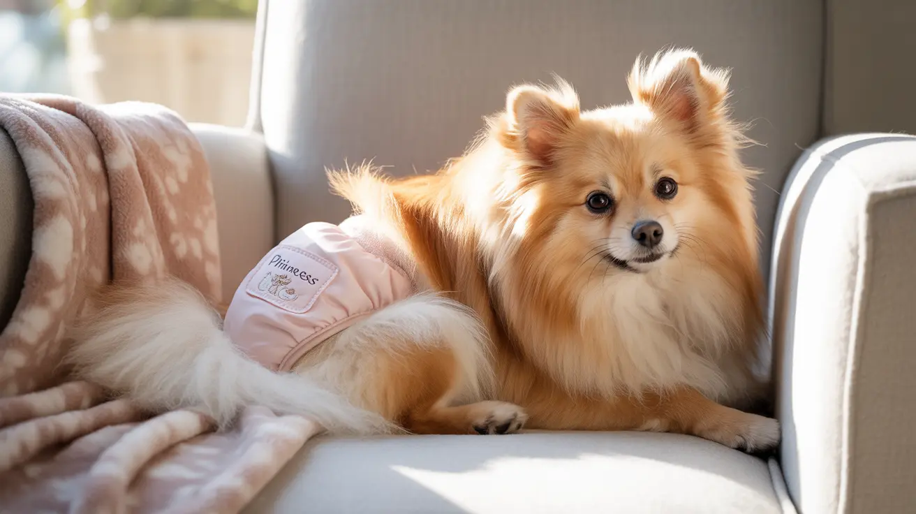 Fluffy Pomeranian dog wearing pink Princess garment resting on cozy couch near window