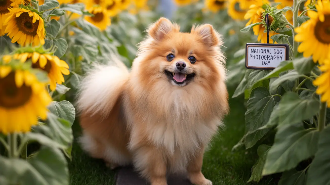 A fluffy Pomeranian dog sitting happily in a sunflower field with a 'National Dog Photography Day' sign