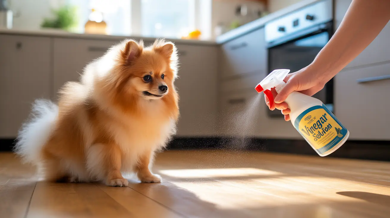 A fluffy orange and white Pomeranian on a wooden floor with a vinegar spray bottle