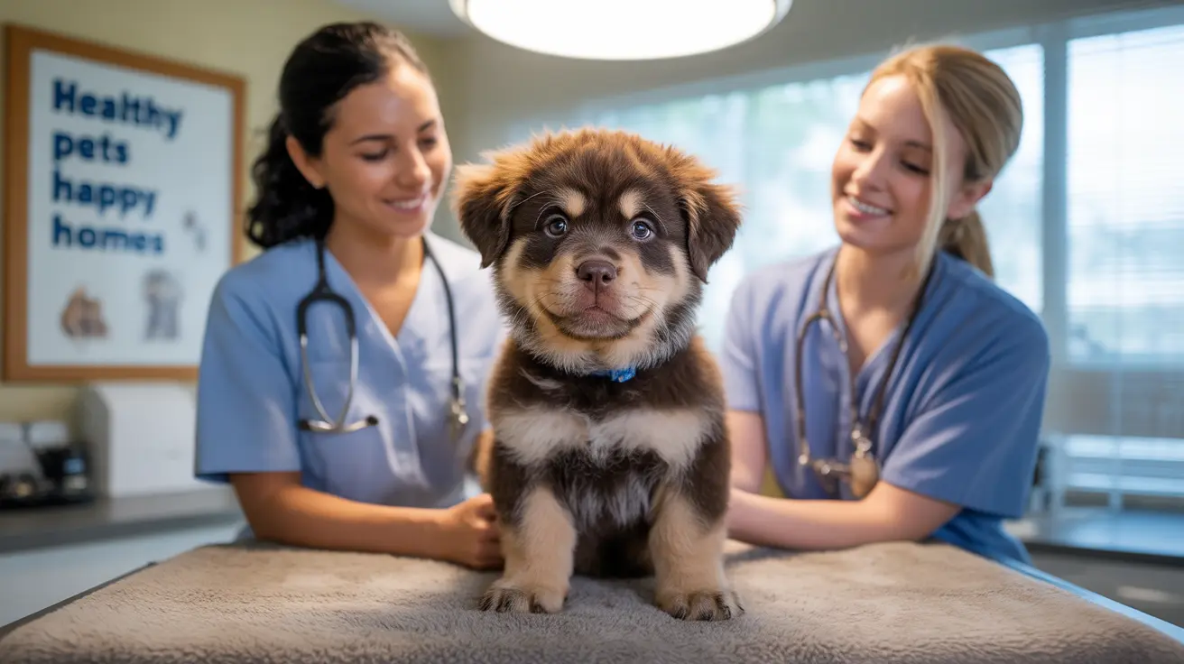 A fluffy puppy sitting on an examination table with two veterinary professionals smiling nearby