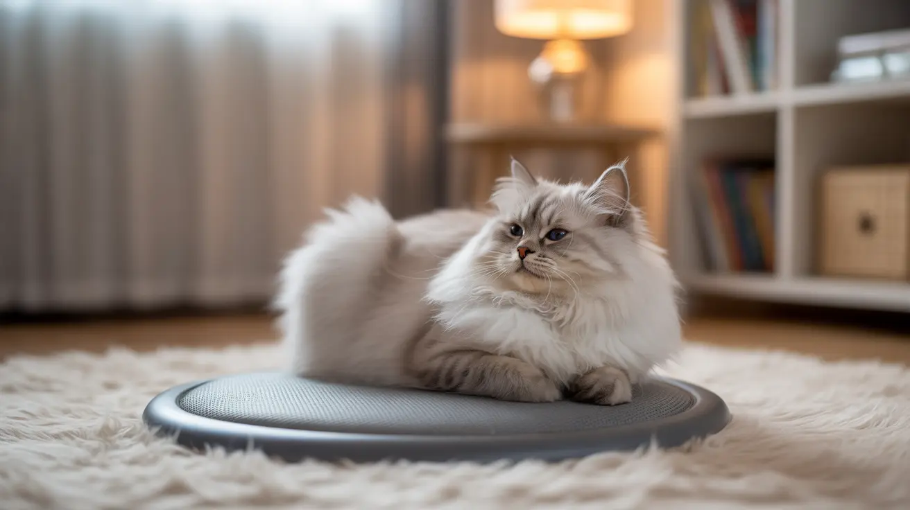 Fluffy Ragdoll cat sitting on a circular balance board in a cozy living room