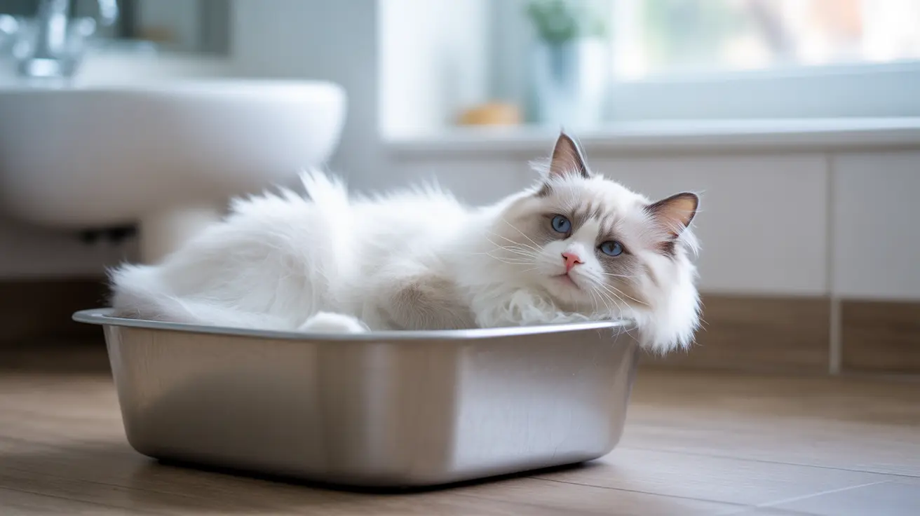 A fluffy white Ragdoll cat sitting comfortably in a metal basin on a wooden floor