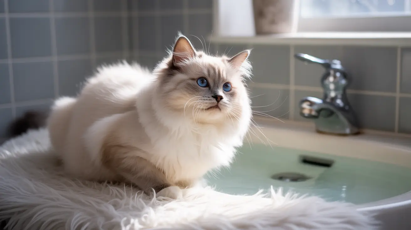 Fluffy Ragdoll cat with blue eyes sitting on white towel beside bathroom sink with water