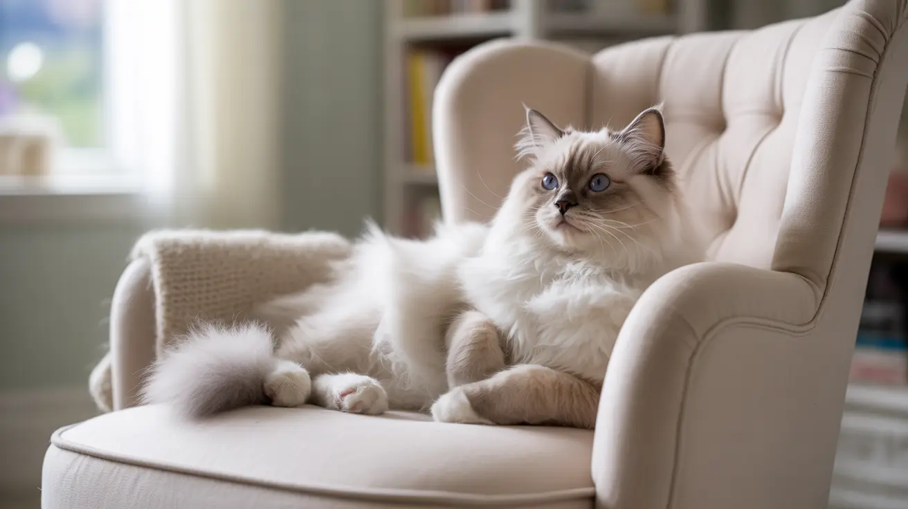 A fluffy white and cream Ragdoll cat sitting regally on a beige armchair