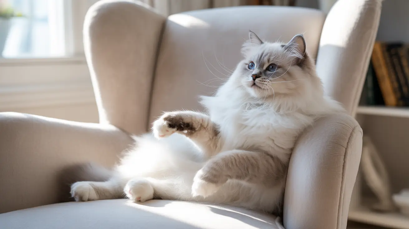A fluffy white and cream Ragdoll cat lounging comfortably on a beige armchair near a window