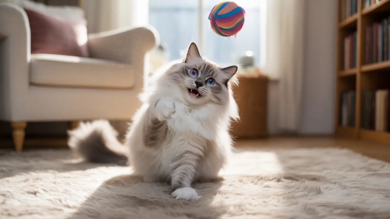 A fluffy white Ragdoll cat sitting on a beige carpet, playing with a colorful ball in mid-air