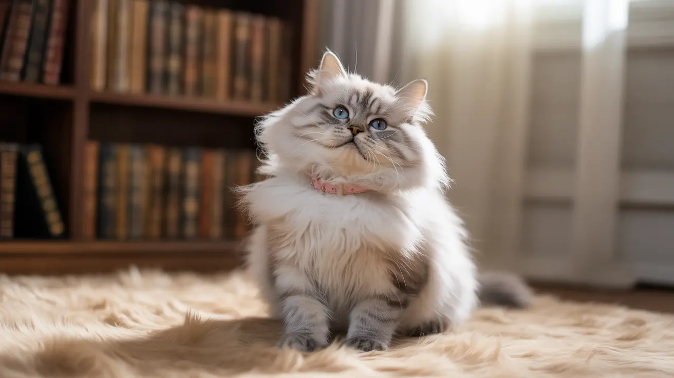 Un gato Ragdoll blanco y gris esponjoso sentado elegantemente sobre una alfombra beige suave con una estantería al fondo