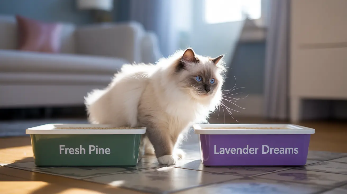 A fluffy white Ragdoll cat sitting between two litter boxes labeled 'Fresh Pine' and 'Lavender Dreams'