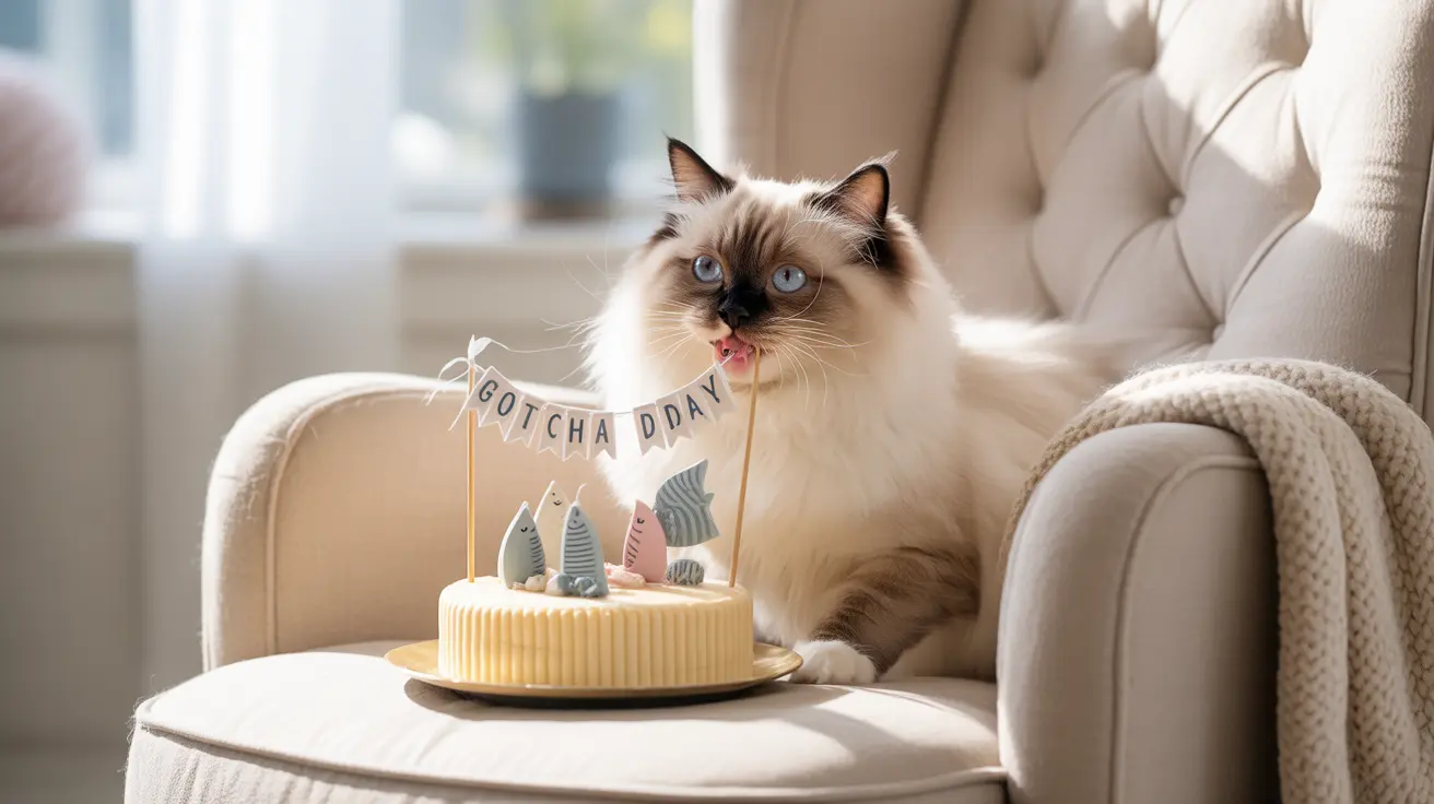 A fluffy Ragdoll cat sitting next to a birthday cake with a 'Gotcha Day' banner