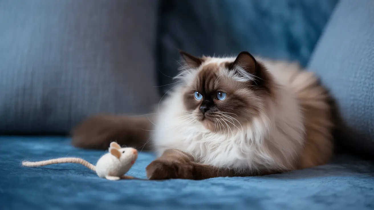 A fluffy Ragdoll cat with striking blue eyes sitting on a blue couch next to a small toy mouse