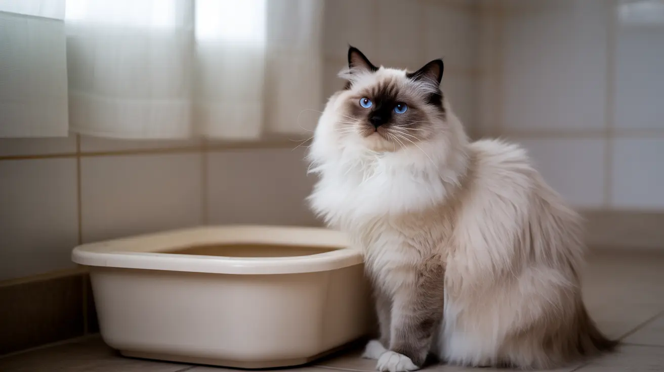 Fluffy Ragdoll cat with blue eyes sitting near beige water bowl in modern bathroom