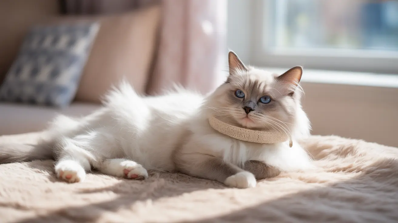 Fluffy Ragdoll cat with blue eyes lying on a soft blanket wearing a beige collar