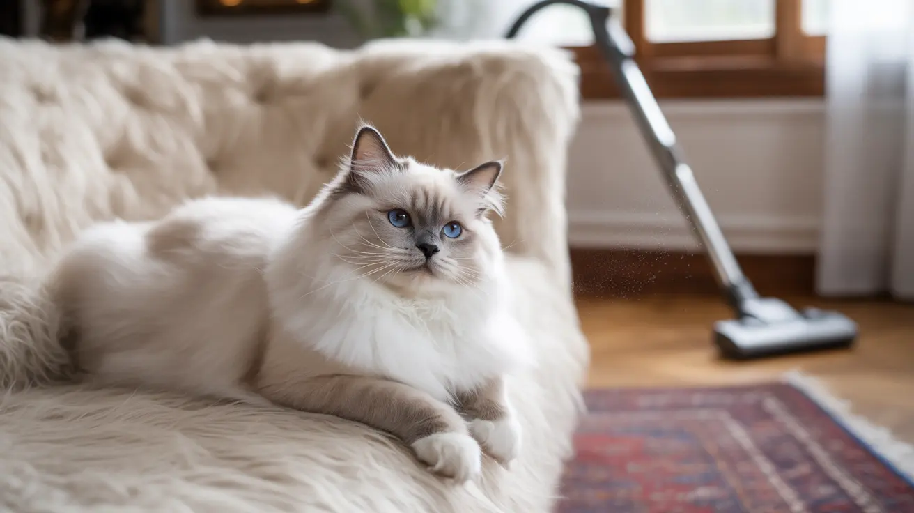 Fluffy Ragdoll cat with blue eyes lying on a cream couch in a bright living room