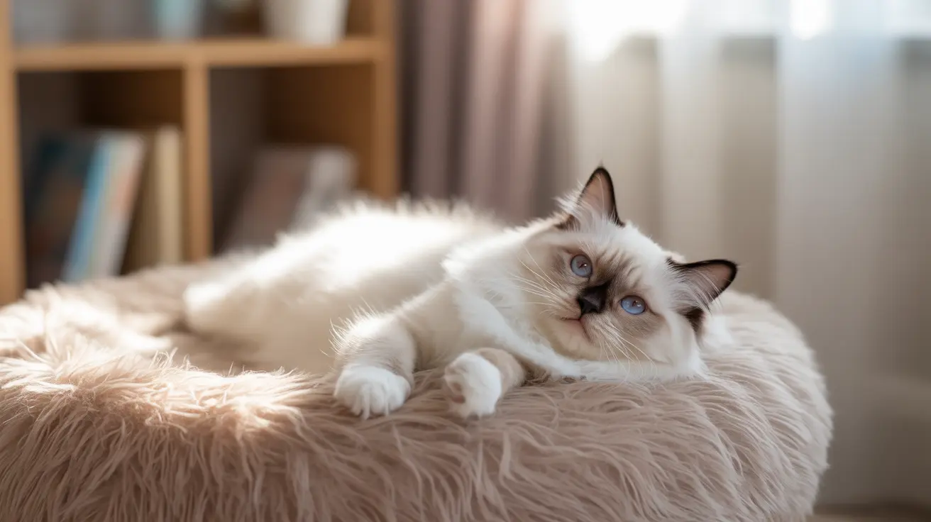 A fluffy white Ragdoll cat with striking blue eyes resting on a soft, furry beige cushion.