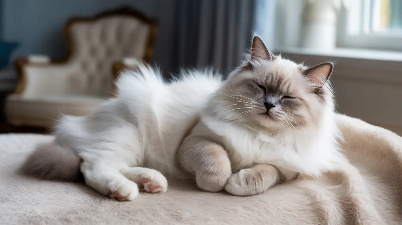Fluffy Ragdoll cat with blue eyes and cream-gray markings lying contentedly on a light surface in an elegant living room