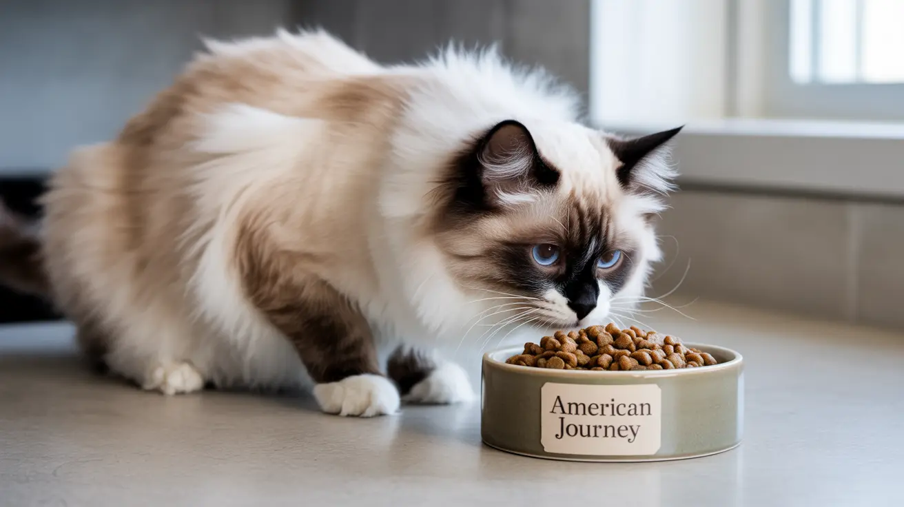 Fluffy Ragdoll cat with blue eyes sitting near bowl of dry cat food