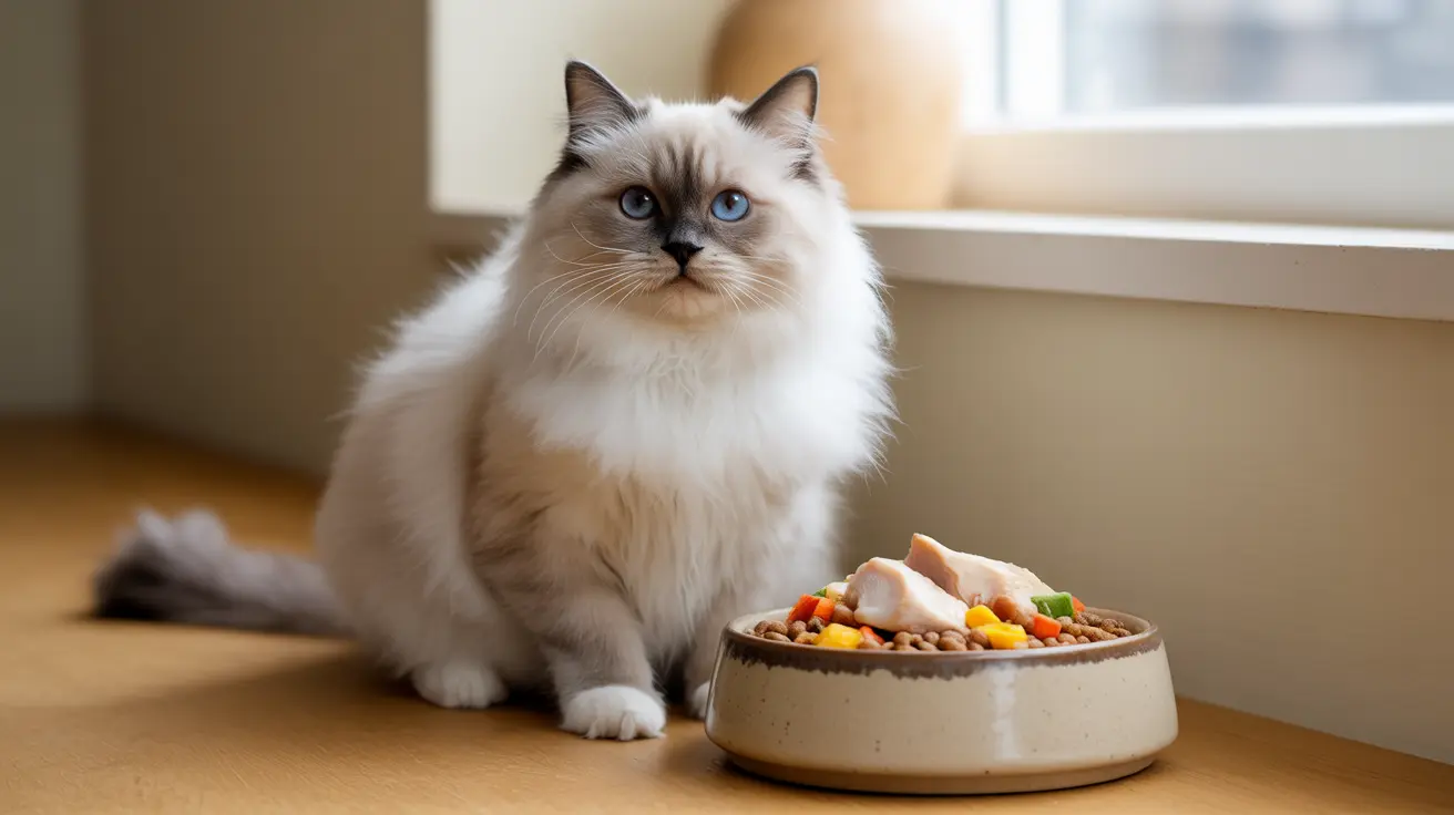 Fluffy blue-eyed Ragdoll cat sitting next to a food bowl with kibble and treats on a wooden floor
