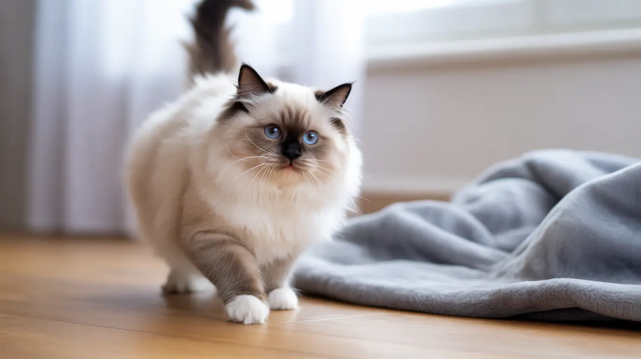 Fluffy Ragdoll cat with blue eyes sitting alert on wooden floor beside gray blanket in bright room