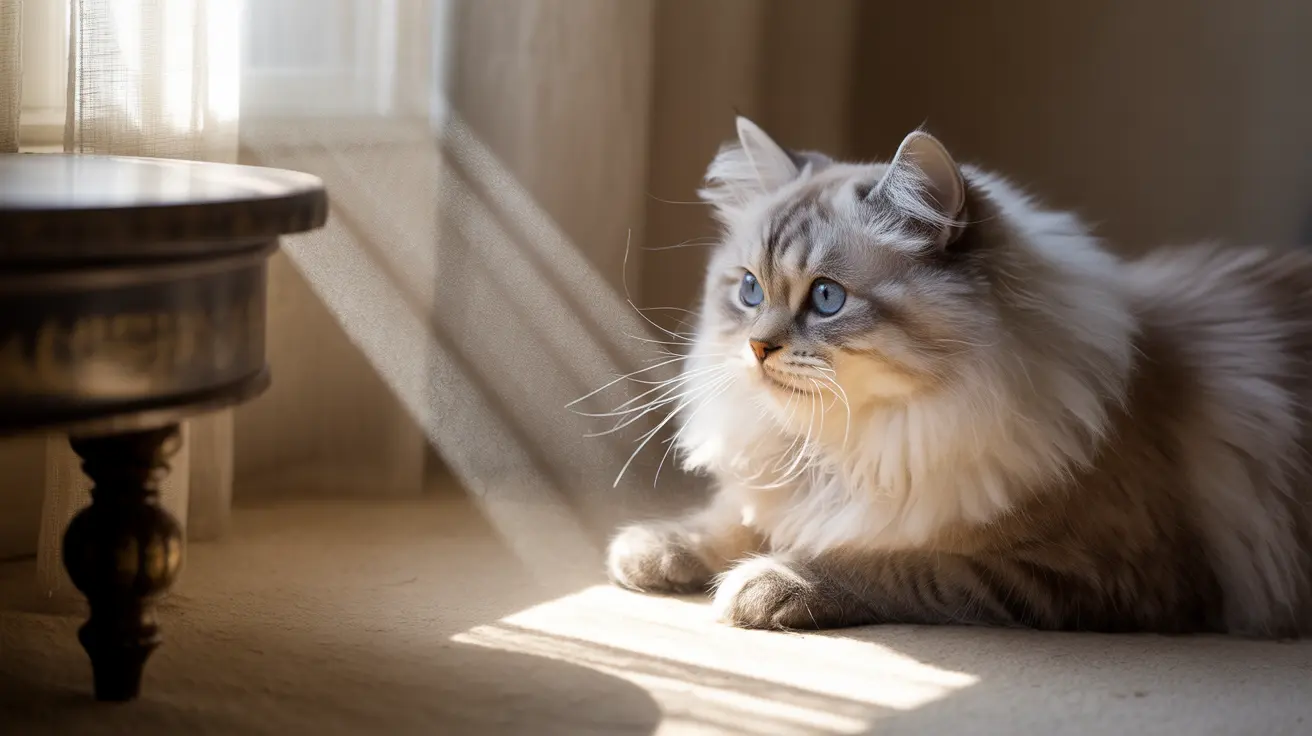 Un hermoso gato Ragdoll de pelaje largo y ojos azules descansa en un rayo de sol junto a una ventana.