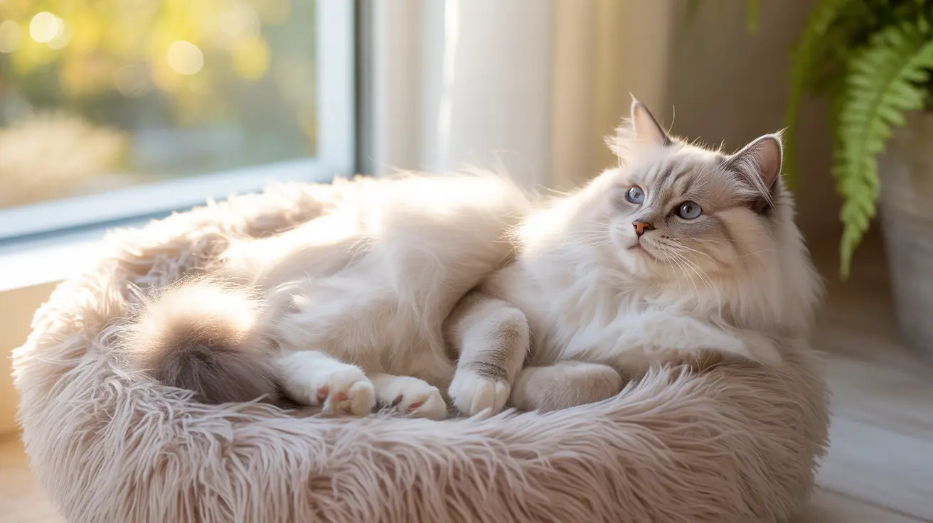Fluffy Ragdoll cat with blue eyes resting in a plush beige pet bed by a sunny window