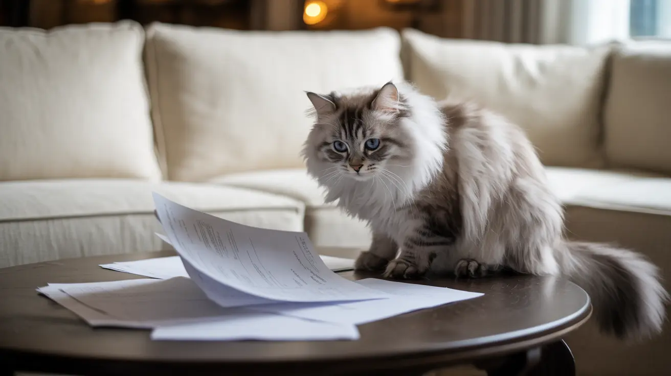 Fluffy Ragdoll cat with blue eyes sitting on a coffee table with scattered white papers