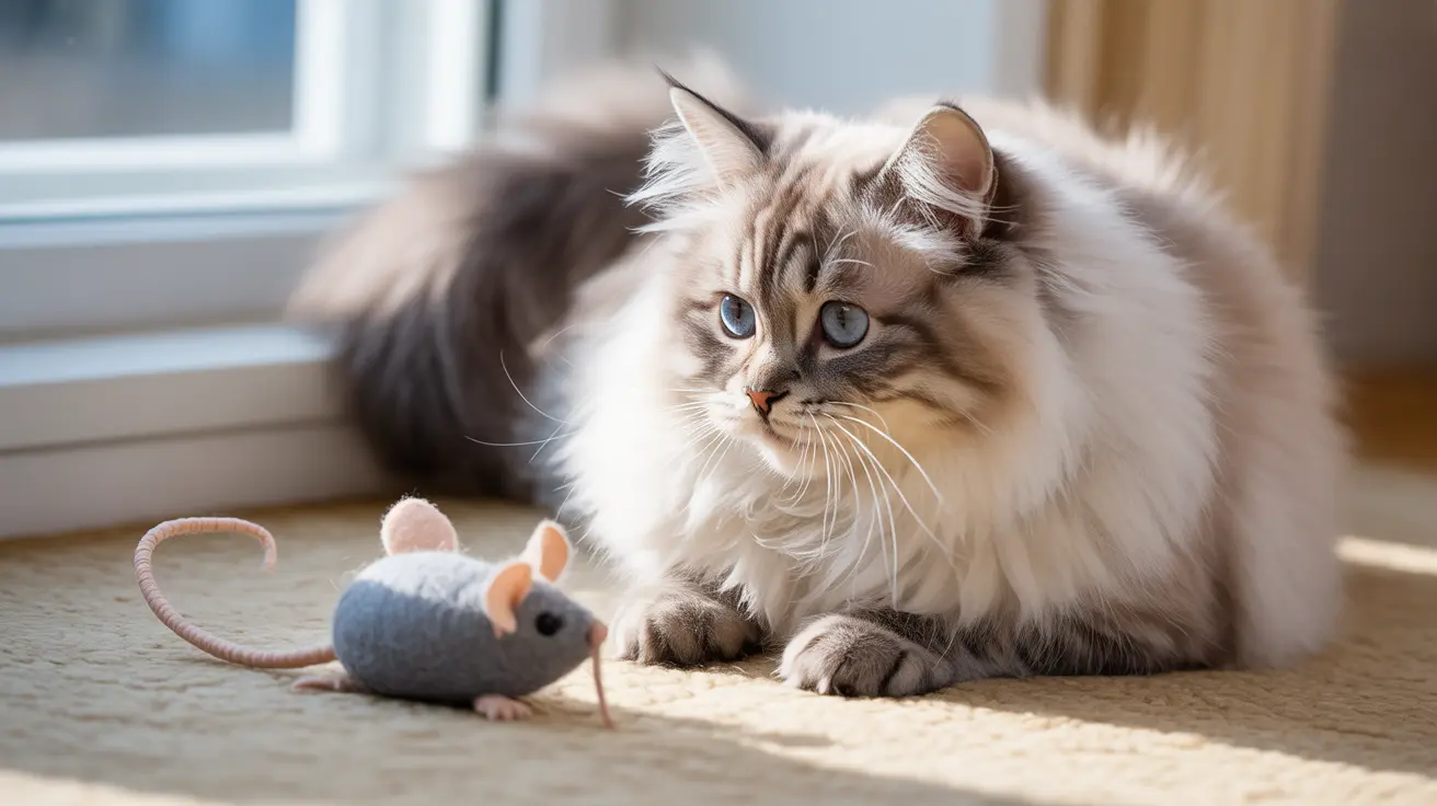 Fluffy Ragdoll cat with blue eyes sitting on a rug next to a small toy mouse in a sunny room